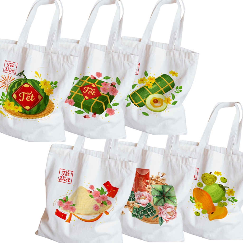 Túi tote TẾT vải canvas có khóa kéo và ngăn phụ mẫu TẾT 2026 - túi vải bố canvas ảnh năm mới bánh chưng TẾT 35x40cm