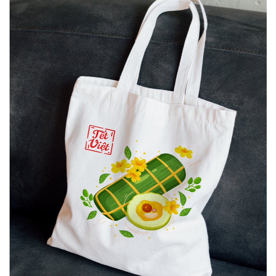 Túi tote TẾT vải canvas có khóa kéo và ngăn phụ mẫu TẾT 2026 - túi vải bố canvas ảnh năm mới bánh chưng TẾT 35x40cm
