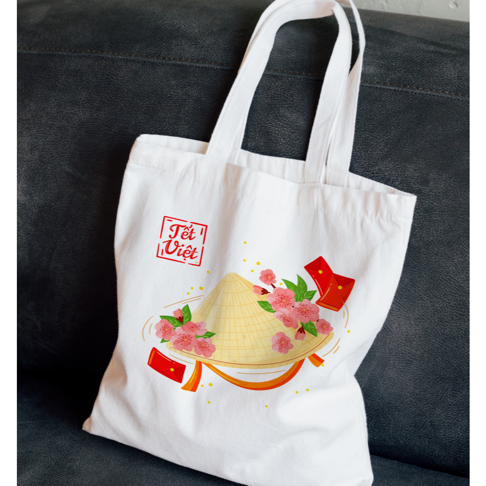 Túi tote TẾT vải canvas có khóa kéo và ngăn phụ mẫu TẾT 2026 - túi vải bố canvas ảnh năm mới bánh chưng TẾT 35x40cm