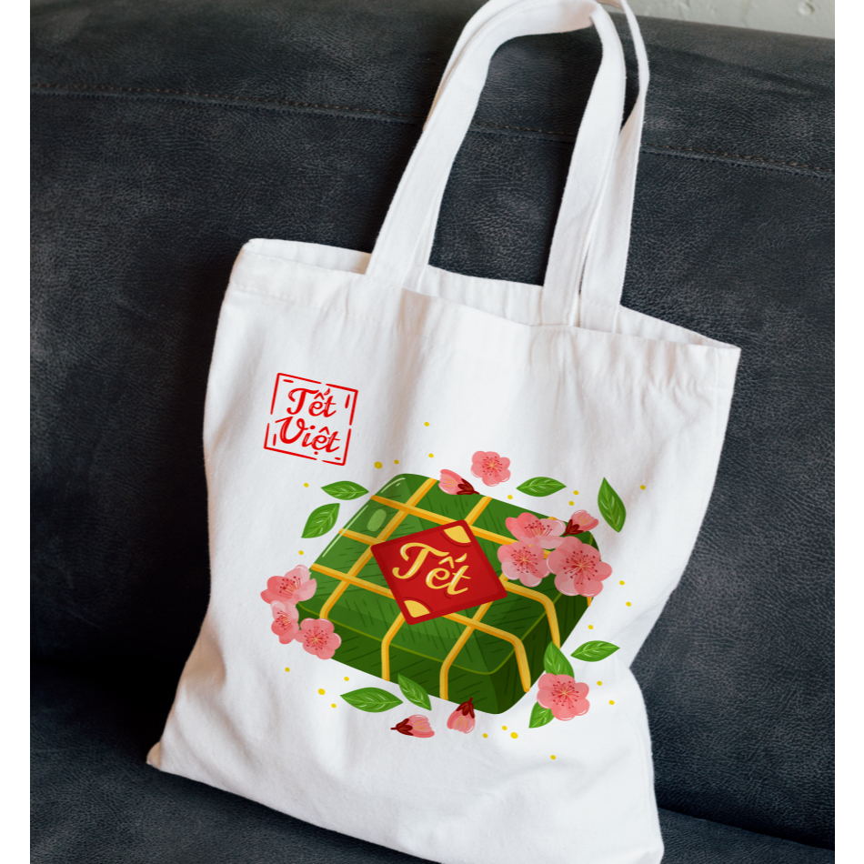 Túi tote TẾT vải canvas có khóa kéo và ngăn phụ mẫu TẾT 2026 - túi vải bố canvas ảnh năm mới bánh chưng TẾT 35x40cm