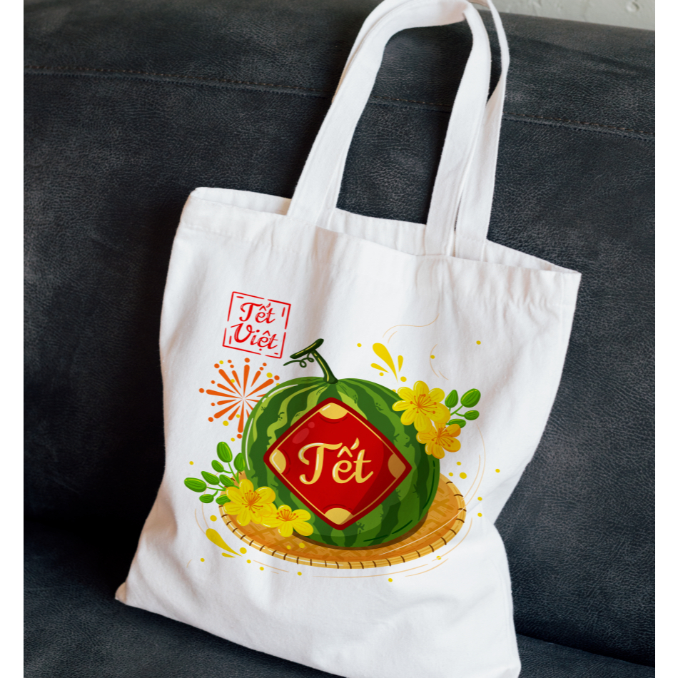 Túi tote TẾT vải canvas có khóa kéo và ngăn phụ mẫu TẾT 2026 - túi vải bố canvas ảnh năm mới bánh chưng TẾT 35x40cm