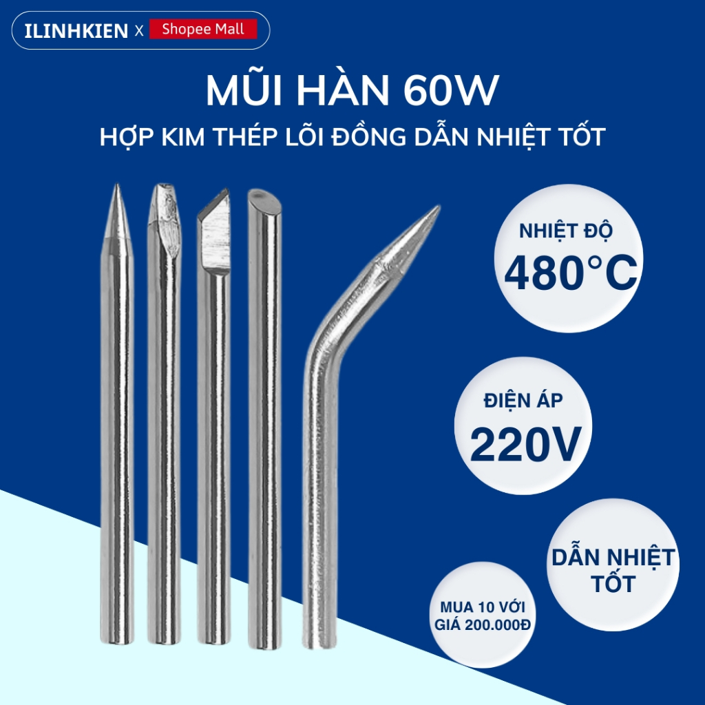 Mũi hàn 60W 220V bằng thép lõi đồng chống oxi hóa loại tốt chính hãng ILinhkien.