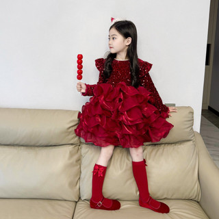 order quảng châu-váy công chúa đỏ bling xoè bồng tầng cao cấp cho bé gái
