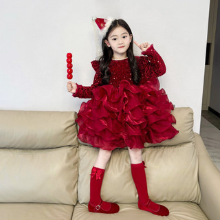 order quảng châu-váy công chúa đỏ bling xoè bồng tầng cao cấp cho bé gái