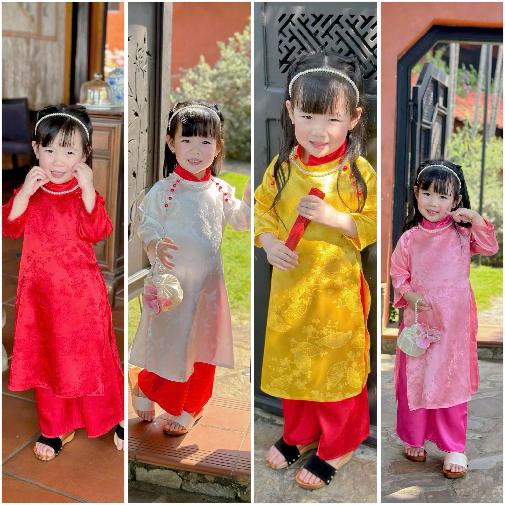 Áo Dài Bé Gái Chơi Lễ Tết - Tặng Kèm Cài Tóc Ngọc và Vòng Ngọc - Áo Dài Cách Tân Minkymom - AD05