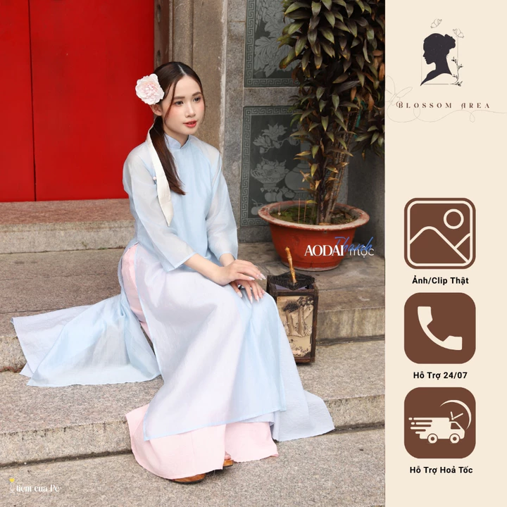 Áo dài tứ thân chất liệu tơ Tencel cao cấp kết hợp Linen - Mộc Thanh. Tone Xanh Pastel trẻ trung.