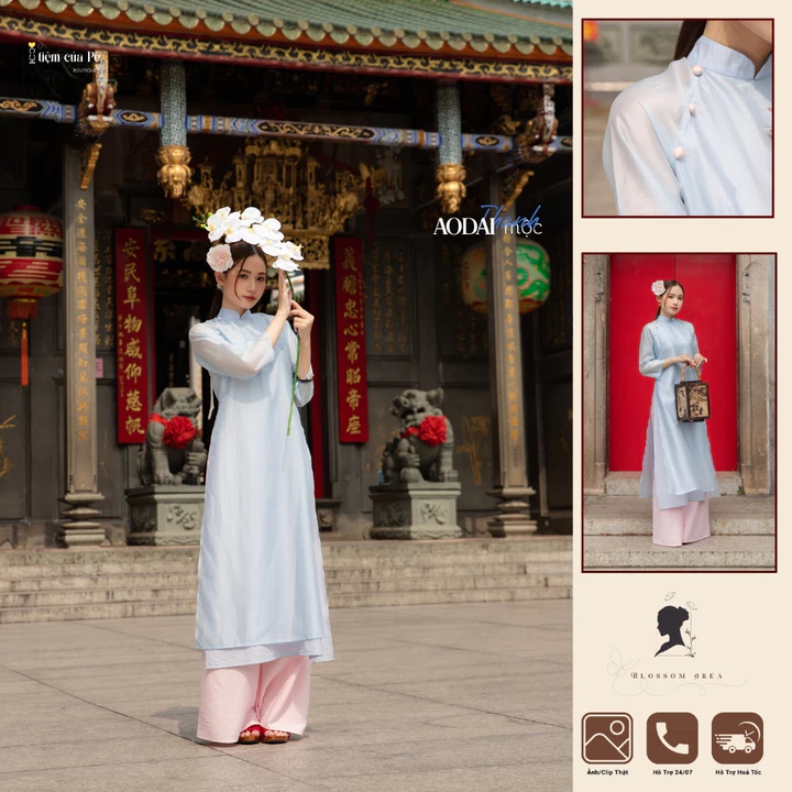Áo dài tứ thân chất liệu tơ Tencel cao cấp kết hợp Linen - Mộc Thanh. Tone Xanh Pastel trẻ trung.