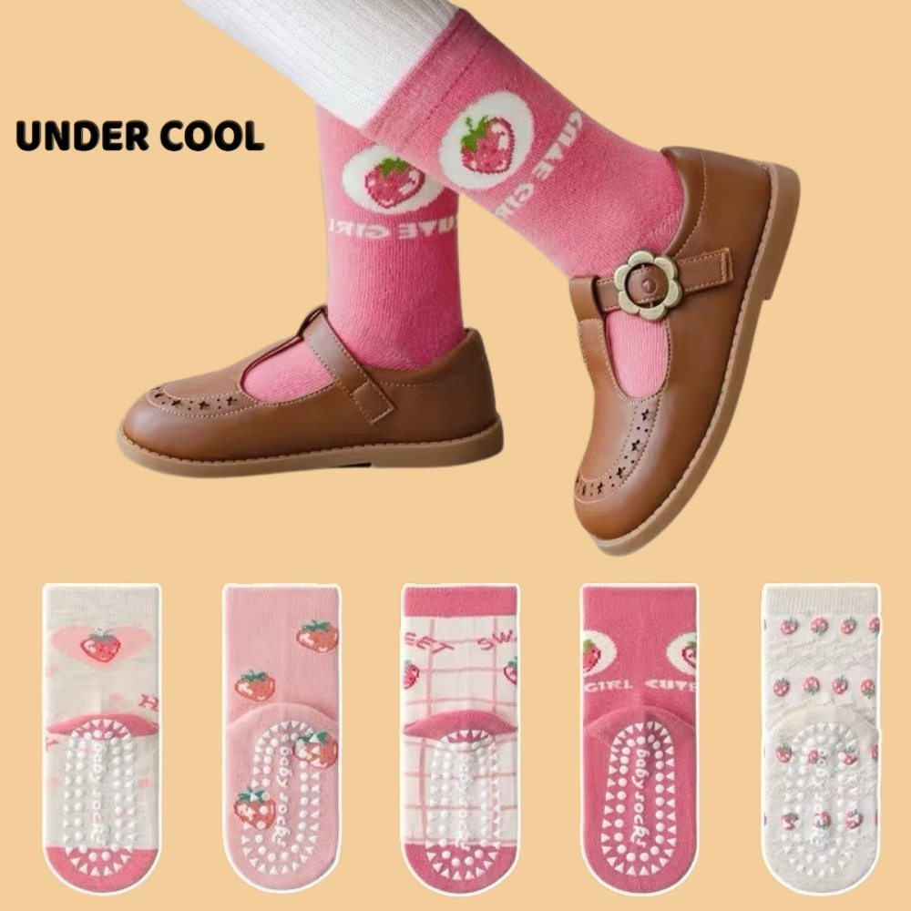 Set 5 Đôi Tất Vớ Cotton trẻ em 1-12 tuổi UNDERCOOL Chống trượt họa tiết Dâu Hồng, xinh xắn dễ thương Live ,TC59