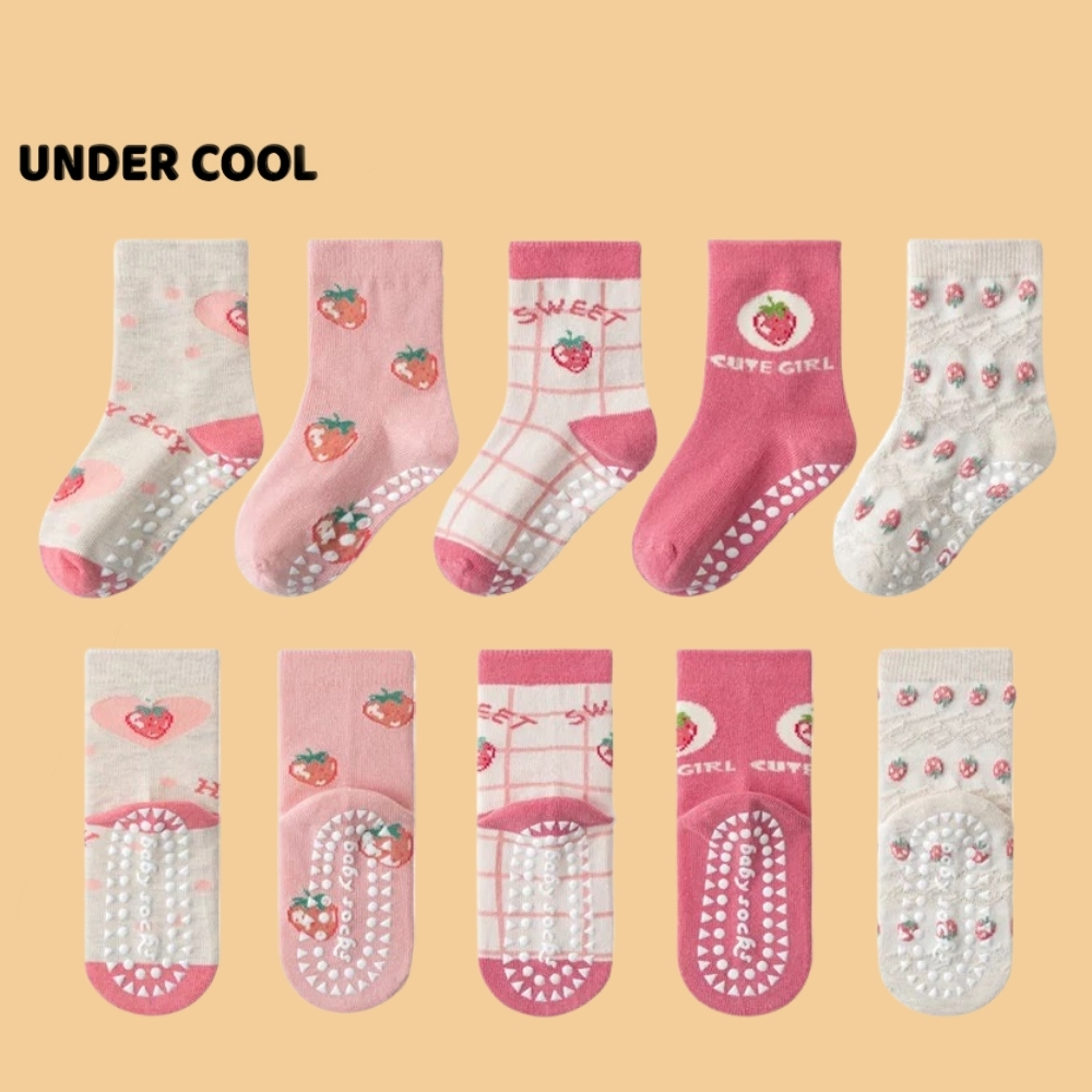 Set 5 Đôi Tất Vớ Cotton trẻ em 1-12 tuổi UNDERCOOL Chống trượt họa tiết Dâu Hồng, xinh xắn dễ thương Live ,TC59