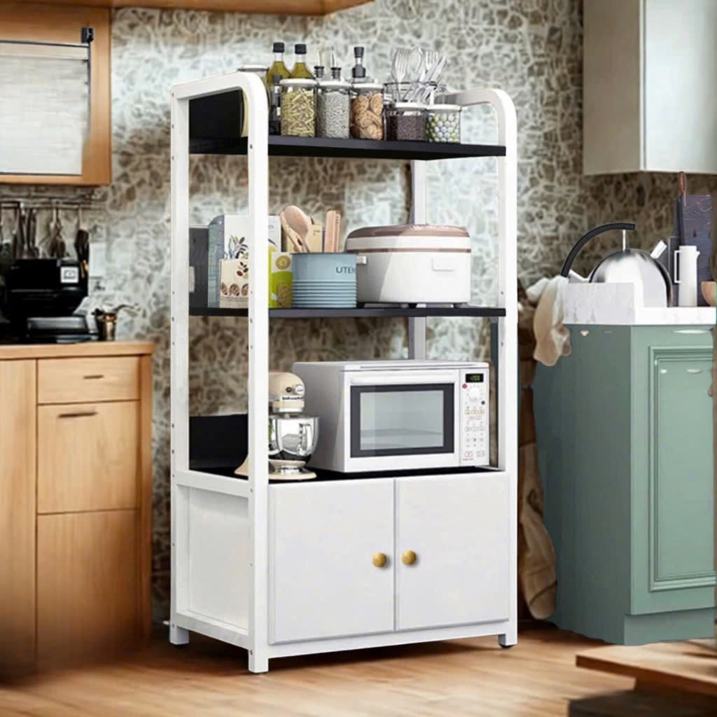 Kệ Đa Năng 4 Tầng Forest Home Có Tủ Tiện Lợi, Kệ Bếp Kệ Để Đồ Khung Sắt Tĩnh Điện Mặt Gỗ MDF Phủ Mine Chống Nước Bền Đẹp