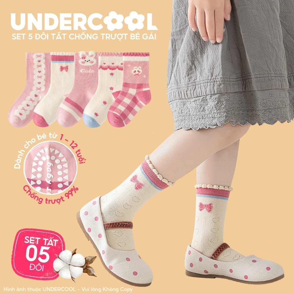 Set 5 Đôi Tất Bé Gái Chống Trượt Cotton Cao Cấp UNDERCOOL Hình Thỏ Xinh Xắn, Ấm Áp từ 1-12 Tuổi Live ,  CB-TC109