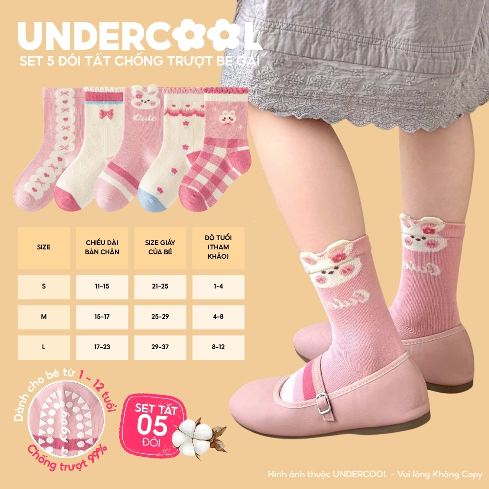 Set 5 Đôi Tất Bé Gái Chống Trượt Cotton Cao Cấp UNDERCOOL Hình Thỏ Xinh Xắn, Ấm Áp từ 1-12 Tuổi Live ,  CB-TC109