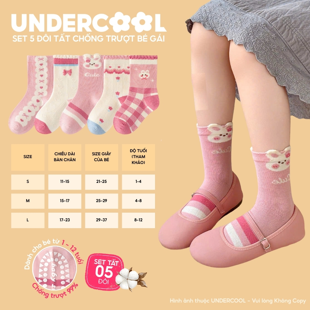 Set 5 Đôi Tất Bé Gái Chống Trượt Cotton Cao Cấp UNDERCOOL Hình Thỏ Xinh Xắn, Ấm Áp từ 1-12 Tuổi Live ,  CB-TC109