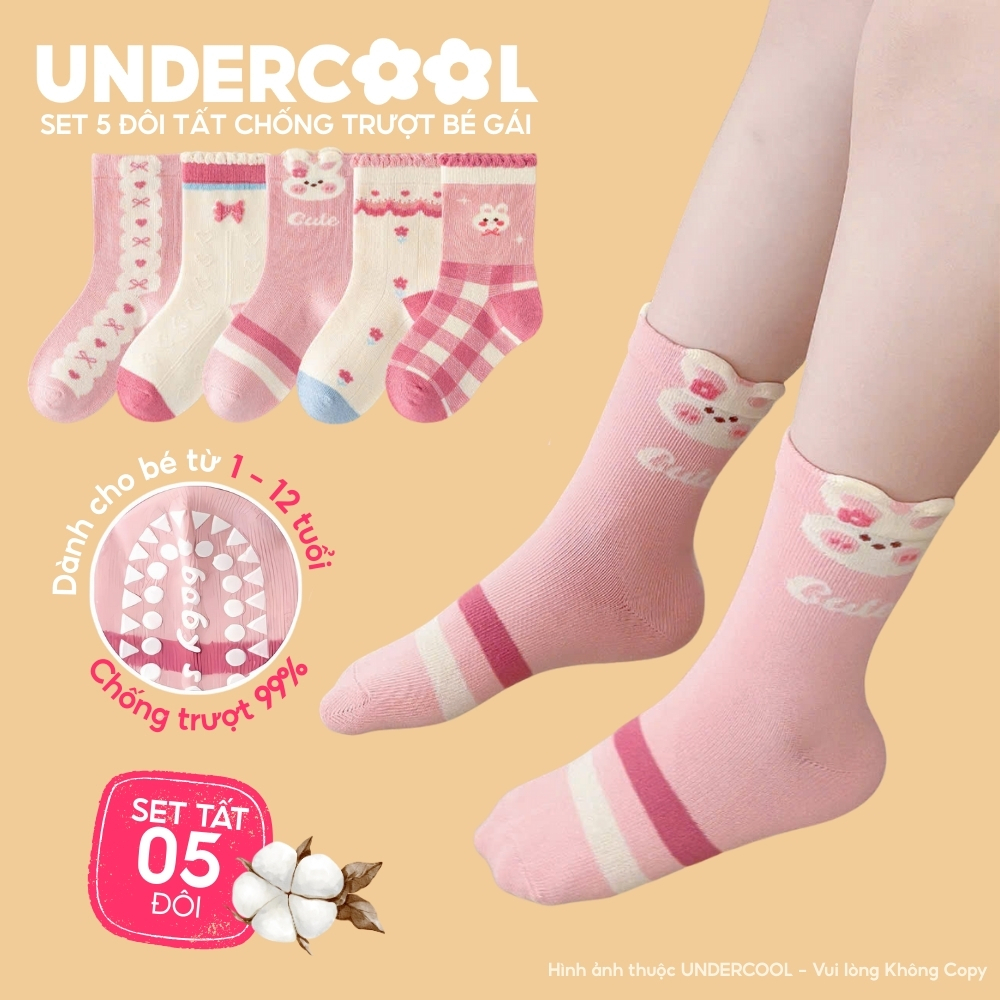 Set 5 Đôi Tất Bé Gái Chống Trượt Cotton Cao Cấp UNDERCOOL Hình Thỏ Xinh Xắn, Ấm Áp từ 1-12 Tuổi Live ,  CB-TC109
