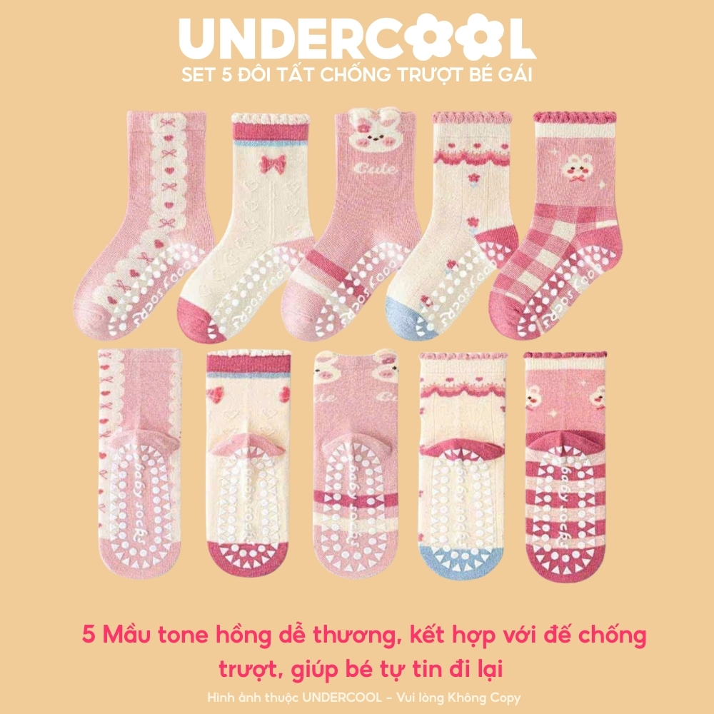 Set 5 Đôi Tất Bé Gái Chống Trượt Cotton Cao Cấp UNDERCOOL Hình Thỏ Xinh Xắn, Ấm Áp từ 1-12 Tuổi Live ,  CB-TC109