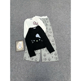 Set bộ áo bbt dài tay in ria mèo mix quần xuông kitty cạp trắng