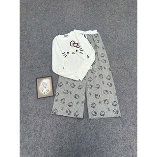 Set bộ áo bbt dài tay in ria mèo mix quần xuông kitty cạp trắng