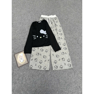 Set bộ áo bbt dài tay in ria mèo mix quần xuông kitty cạp trắng