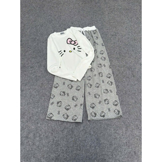 Set bộ áo bbt dài tay in ria mèo mix quần xuông kitty cạp trắng