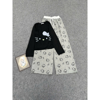 Set bộ áo bbt dài tay in ria mèo mix quần xuông kitty cạp trắng