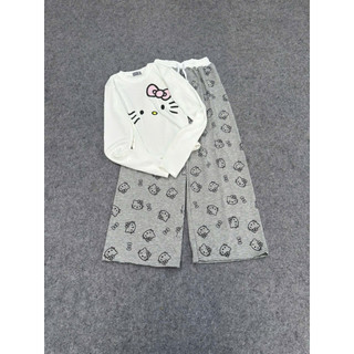 Set bộ áo bbt dài tay in ria mèo mix quần xuông kitty cạp trắng