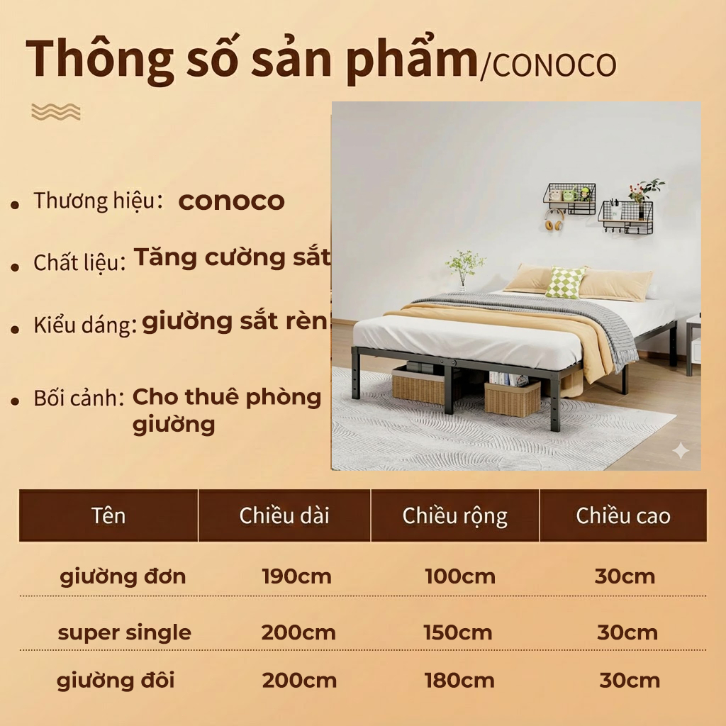 CONOCO Giường sắt khung dày chịu tải tới 300kg lắp ráp đơn  đồ phù hợp phòng trọcký túc xá
