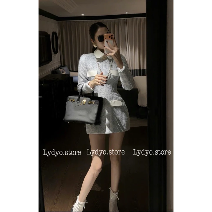 Váy đầm dạ tweed, váy vest dạ tweed cổ sen tròn túi ngực basic sang chảnh dự tiệc cưới, váy đầm xanh kẻ thiết kế công sở