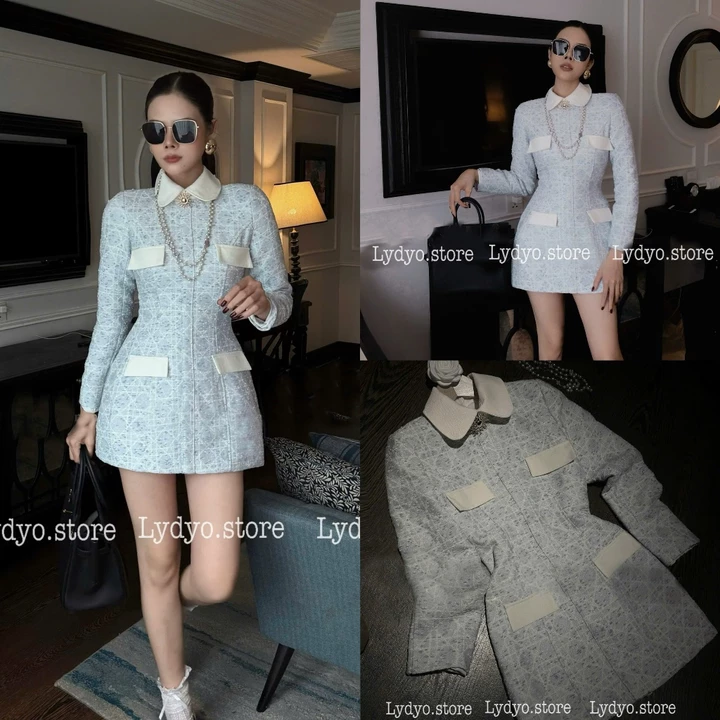 Váy đầm dạ tweed, váy vest dạ tweed cổ sen tròn túi ngực basic sang chảnh dự tiệc cưới, váy đầm xanh kẻ thiết kế công sở