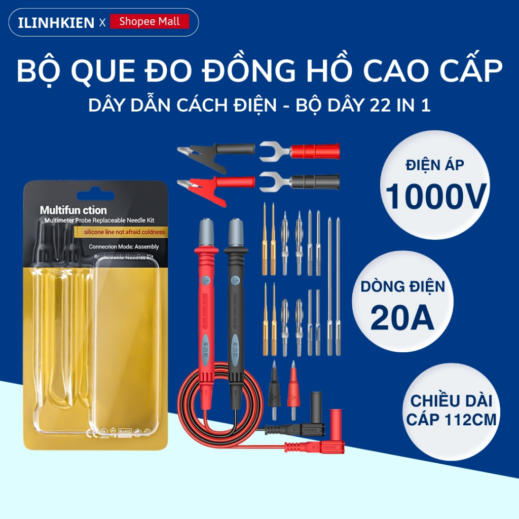 Que đo đồng hồ vạn năng dây đo thay dổi kim silicon mềm dẻo chịu nhiệt chống cháy 20A1000V ilinhkien
