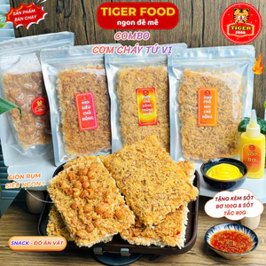 COMBO Cơm Cháy Chà Bông TIGER FOOD Tứ Vị: Siêu Chà Bông, Tóp Mỡ, Phô Mai, Trứng Muối - Giòn Rụm Đậm Vị - Đồ ăn vặt Snack