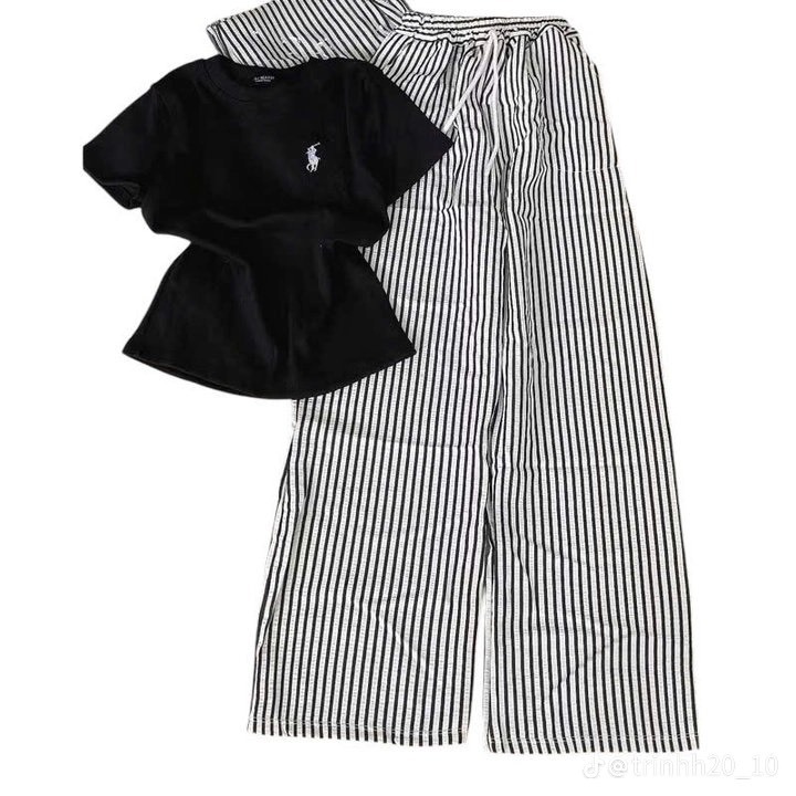 Sét Bộ nữ sang chảnh mặc nhà mặc đi chơi xinh xắn dễ thương-Áo thun babytee logo NGỰA + quần kẻ sọc Chất Thun coton xịn