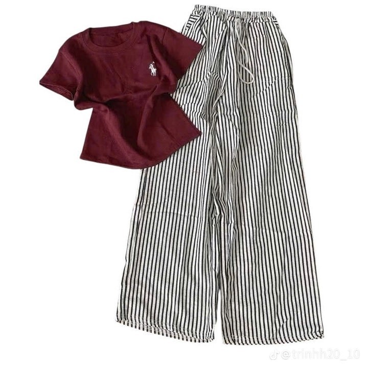 Sét Bộ nữ sang chảnh mặc nhà mặc đi chơi xinh xắn dễ thương-Áo thun babytee logo NGỰA + quần kẻ sọc Chất Thun coton xịn