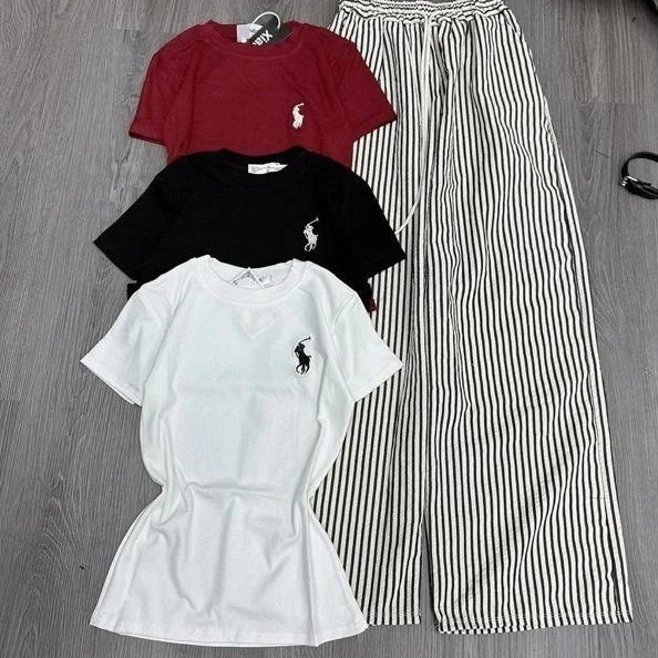 Sét Bộ nữ sang chảnh mặc nhà mặc đi chơi xinh xắn dễ thương-Áo thun babytee logo NGỰA + quần kẻ sọc Chất Thun coton xịn