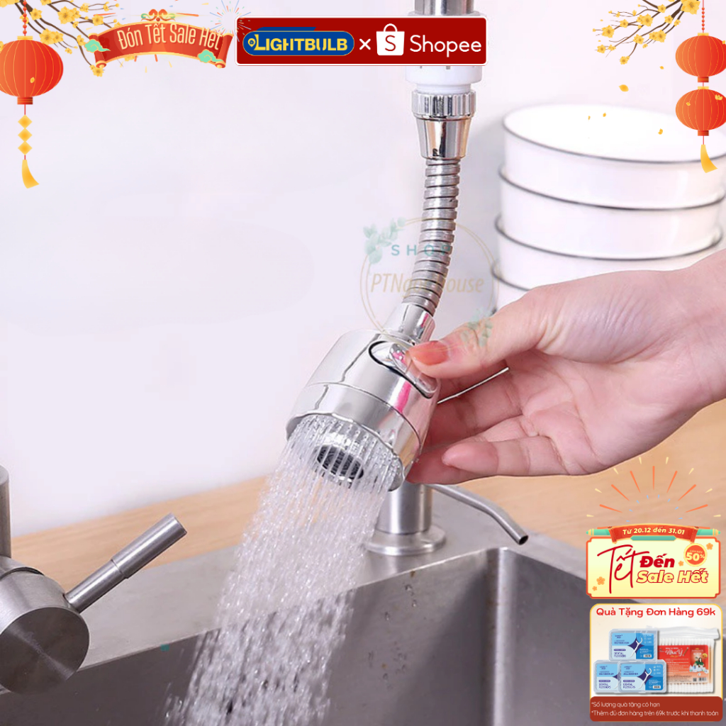 Vòi Tăng Áp 2 Chế Độ Gắn Bồn Rửa Chén Bát - Vòi Xịt Tăng Áp Bồn Rửa Mặt Dây Nối Dài Xoay 360 Độ