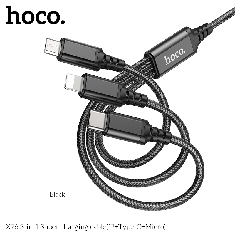 Cáp Sạc 3 Đầu USB to iP, Type-C, Micro, bọc Dù Đen Hoco X76 – Sạc Nhanh, Chống Đứt, Bền, Chính Hãng