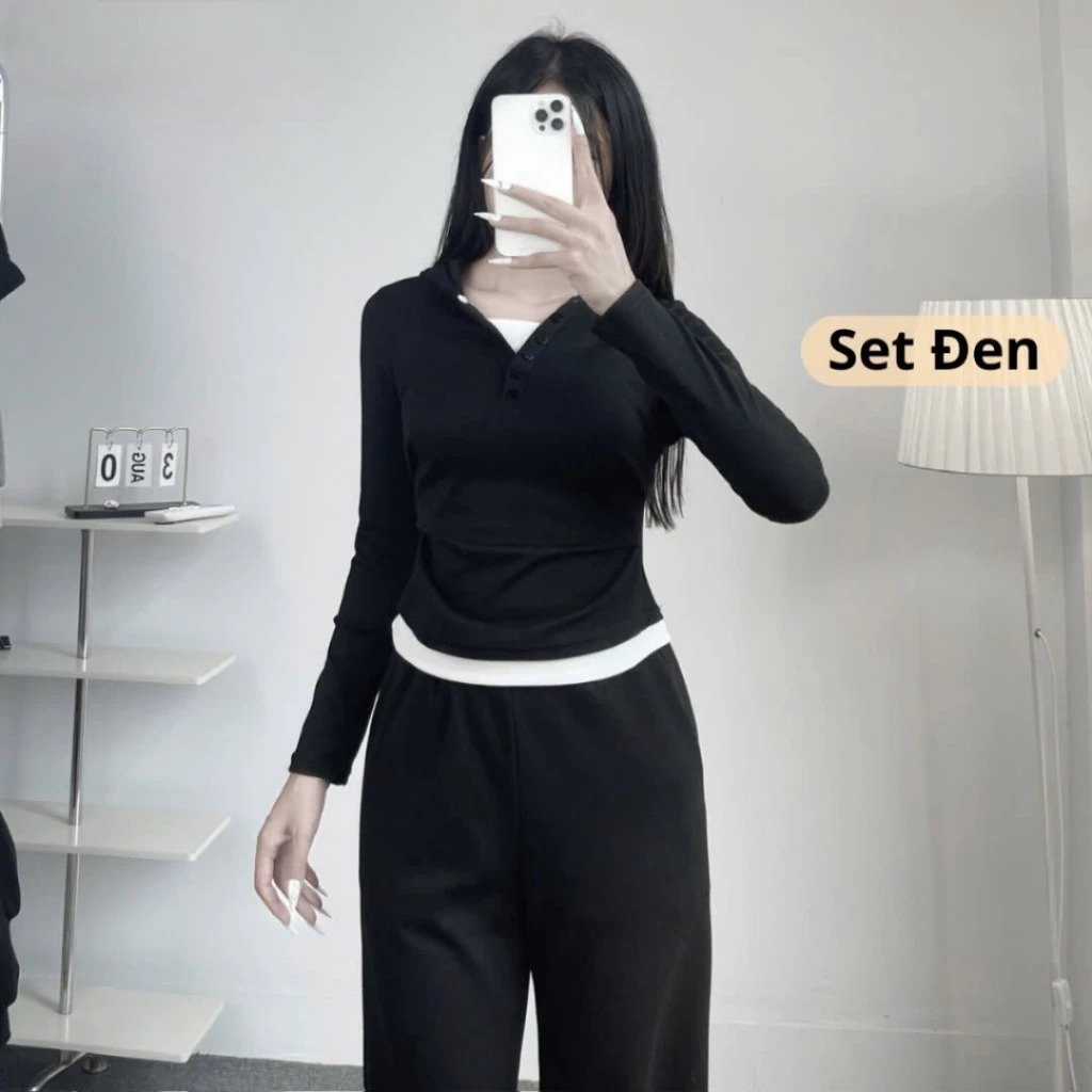 Sét Quần áo dài nữ phối mũ viền trắng From dáng thể thao cực ôm dáng Chất thun cotton Dày dặn Siêu co dãn