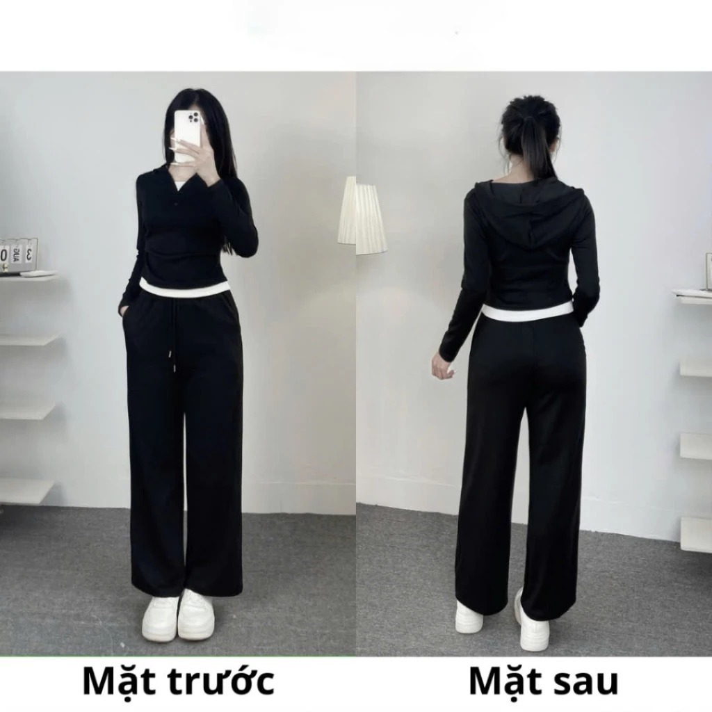 Sét Thể thao nữ Mũ phối Chất Thun Tăm Dày dặn Phối Viền Gấu Trăng 2 màu Đen-Xám Thời trang thể thao hottrend 2026