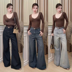 - Quần Jeans Nữ Suông Ống Loe Rộng Màu Xanh Basic (Mã14)