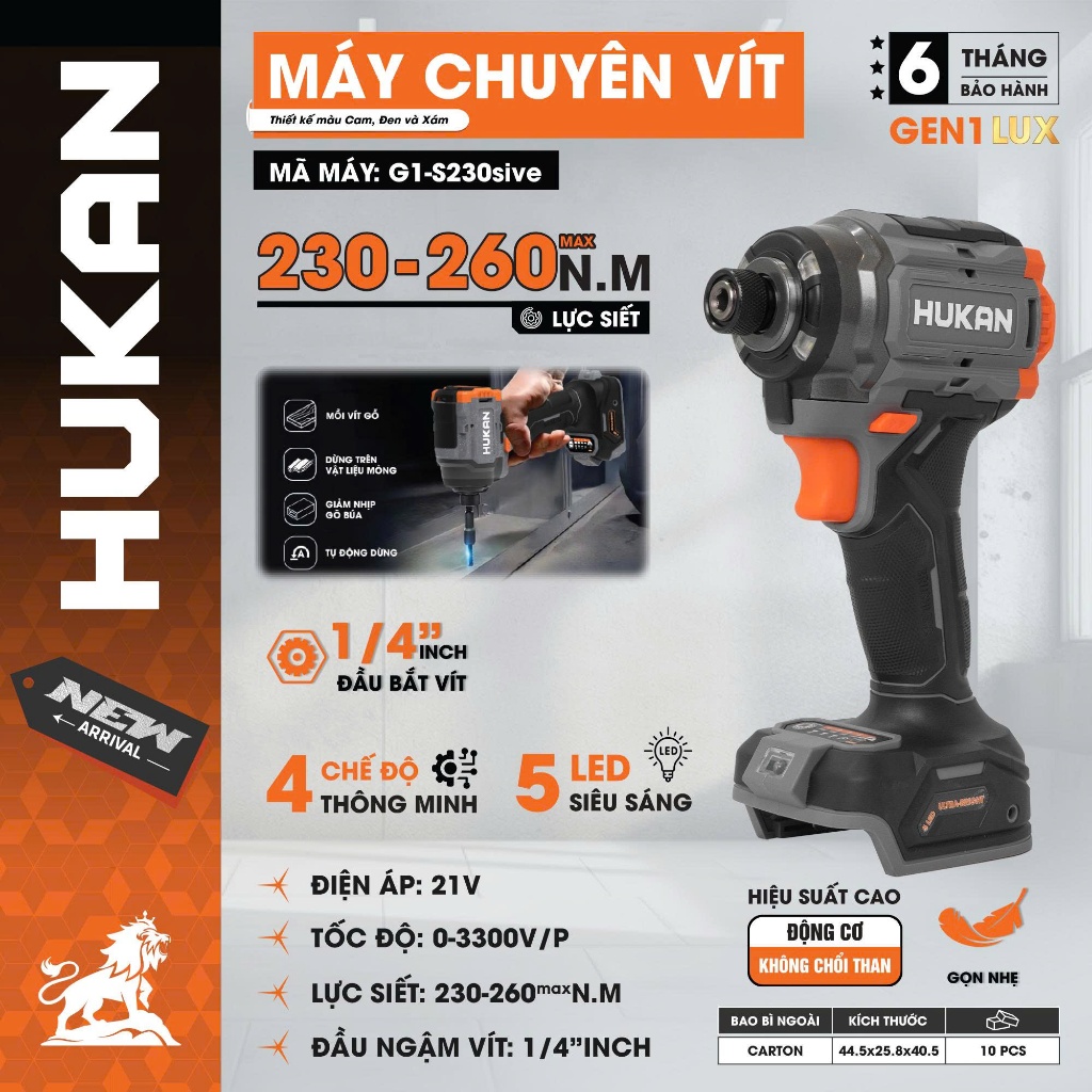 Thân Máy Chuyên Vít HUKAN đầu 1/4INCH G1-S230SIVE| Lực Siết 260N.m, 4 Chế Độ Thông Minh, Động Cơ Không Chổi Than