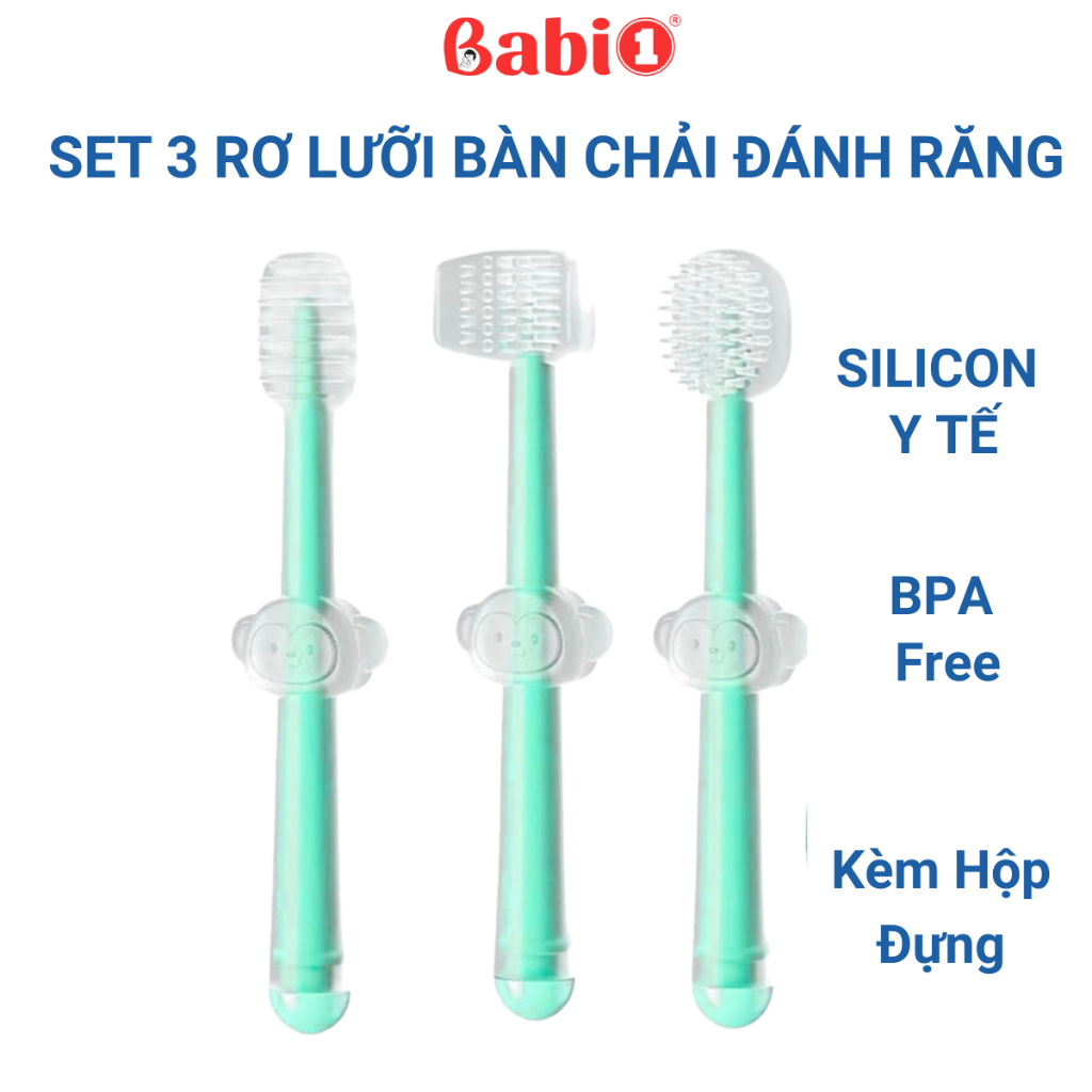 Sét 3 Rơ Lưỡi Bàn Chải Silicone Babi1 (Kèm Hộp) Dụng Cụ Vệ Sinh Răng Miệng Cho Bé Sơ Sinh Đến 2 Tuổi