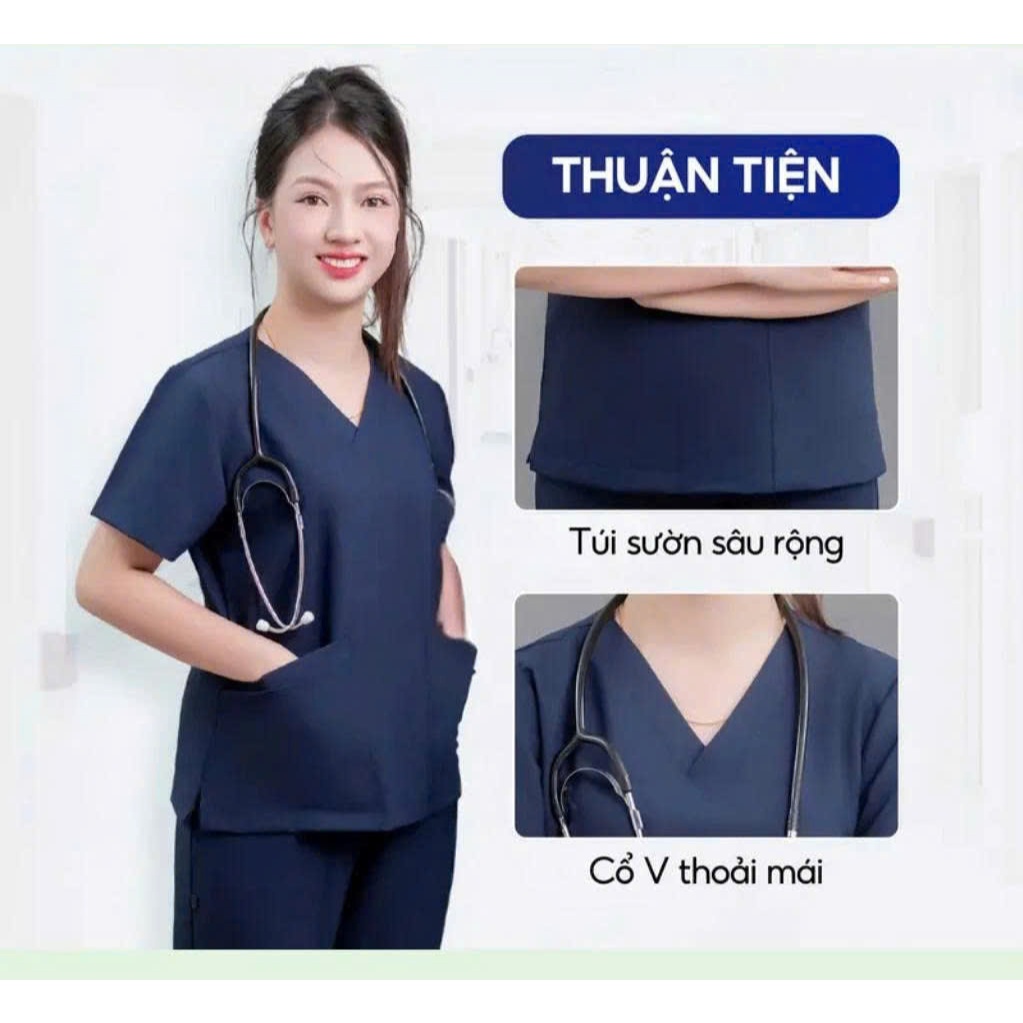 Bộ Scrubs Nữ Spa Cổ Tim Chất Vải Cotton Lạnh Cao Cấp Không Nhăn [NHẬN THÊU TÊN, LOGO