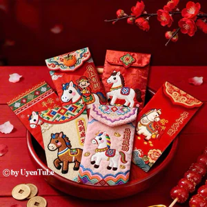 Set 6 lì xì in 5D giả thêu ngựa thổ cẩm