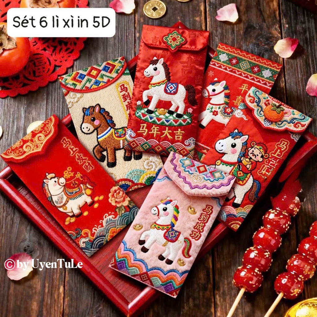 Set 6 lì xì in 5D giả thêu ngựa thổ cẩm