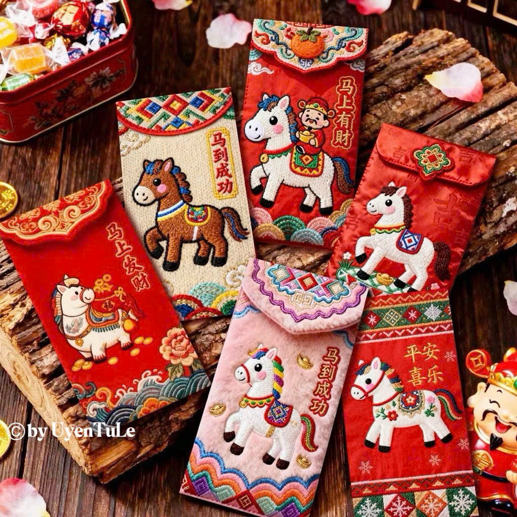 Set 6 lì xì in 5D giả thêu ngựa thổ cẩm