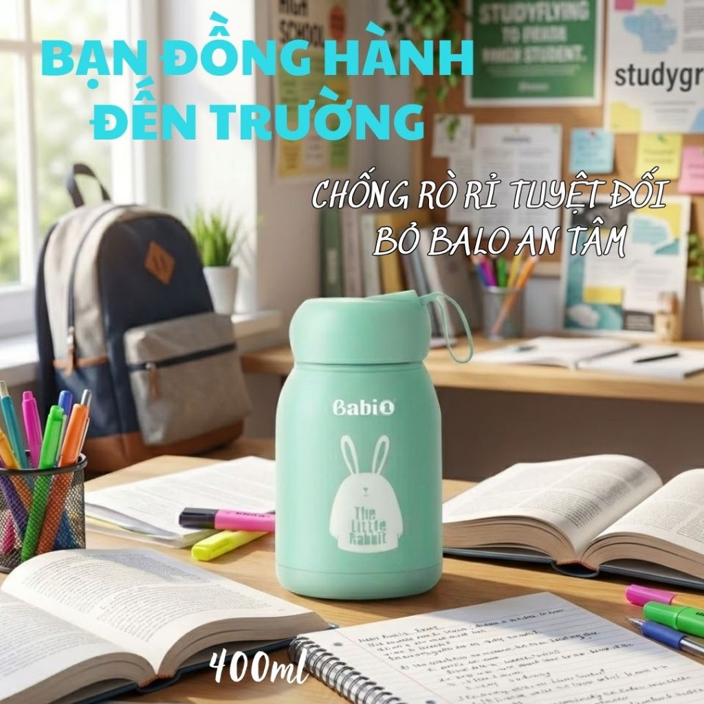 Bình Nước Giữ Nhiệt Lõi Thủy Tinh Babi1 400ml – Trữ Sữa Đựng Nước Cho Mẹ Sau Sinh, Bé Đi Học