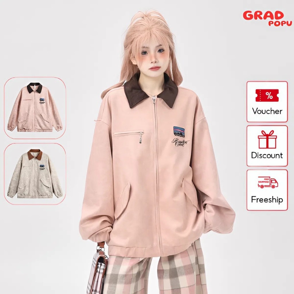 Áo khoác bomber nữ GRADPOPU PAK29 màu hồng đẹp chất da lộn giữ ấm chống nước phong cách retro Mỹ