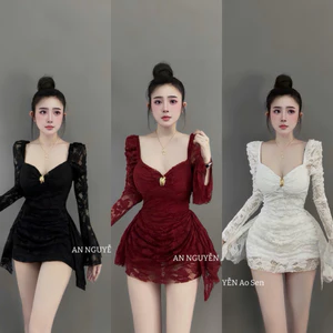 Đầm ren nữ diện tiệc cưới cổ vuông sang chảnh diện Tết a10