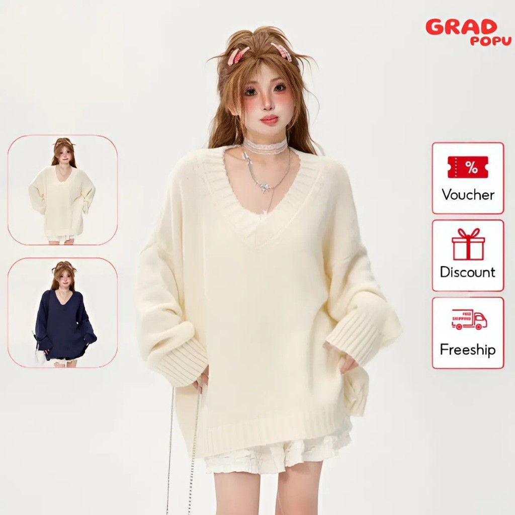 Áo len nữ GRADPOPU PAL07 cổ chữ V dài tay chất dệt kim mềm mại dáng rộng giấu quần phong cách retro ấm áp