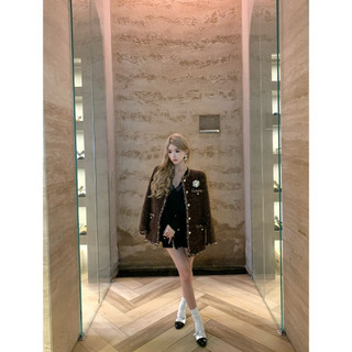 Áo khoác dạ tweet 4 túi form suông cổ tròn viền bling phong cách tiểu thư sang trọng