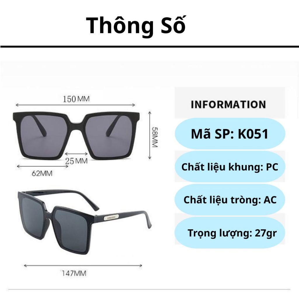 Kính râm nam nữ from vuông to cao cấp chống tia UV400, Mắt kính mát thời trang nam nữ sang chảnh Style K054
